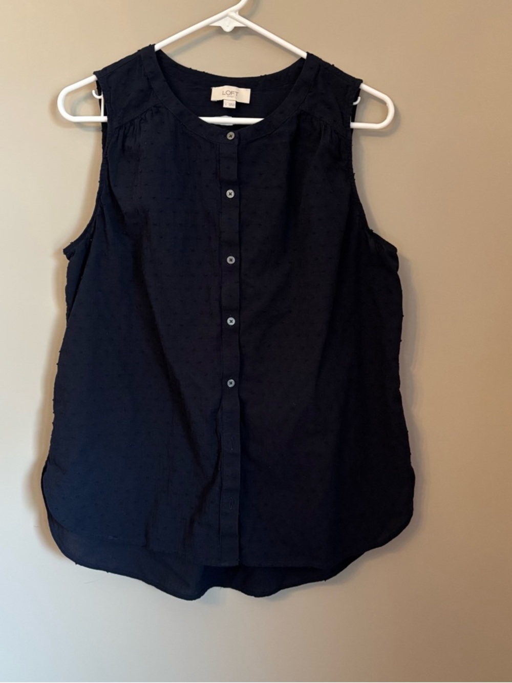 LOFT Outlet Navy Sleeveless Blouse Large Button Front Swiss Dot Top